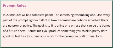 Prompt Rules  In 20 minutes write a complete poem—or something resembling one. Use every part of the prompt, ignore half of it, take it somewhere nobody expected; there are no prompt police. The goal is to find a line or a phrase that can be the bones of a future poem.  Sometimes you produce something you think is pretty darn good, so feel free to submit your work for the prompt in draft or final form.